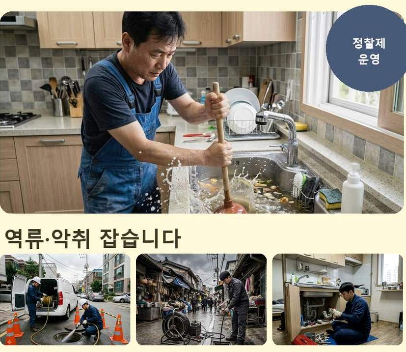 부천시오정구 고강본동 화장실 하수구막힘 출장비 무료 현장 작업 사진 - 배관해결사