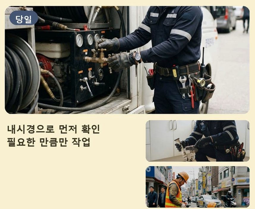 고양시일산서구 구산동 주방 하수구막힘 야간 출동 현장 작업 사진 - 배관해결사