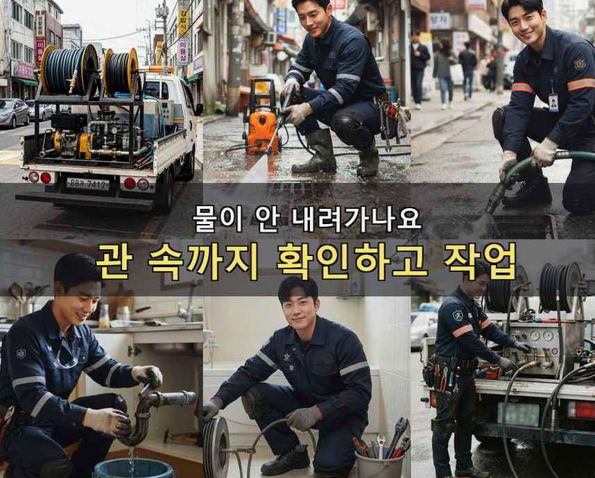 광명시 노온사동 배수구막힘 고압세척·관통 작업 모습
