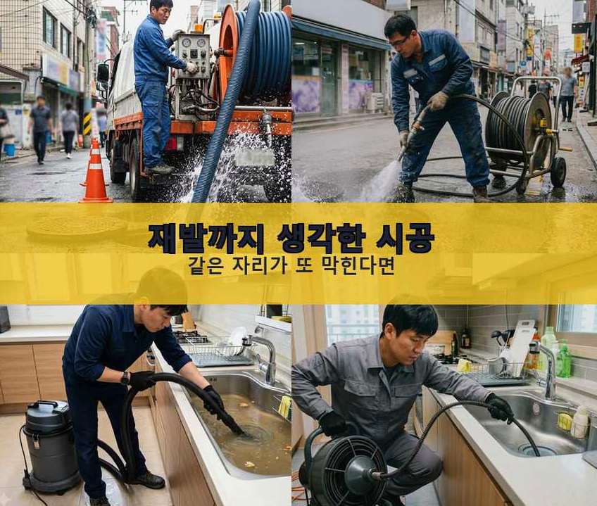 광명시 소하동 배수구막힘 고압세척·관통 작업 모습
