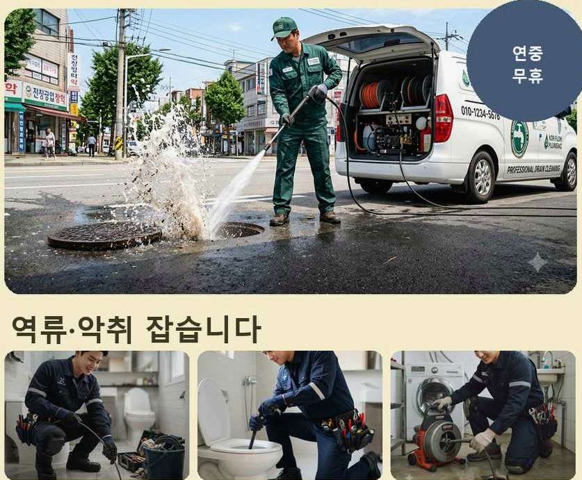 서울 노원구 상계동 하수구 역류 야간 출동 현장 작업 사진 - 배관해결사