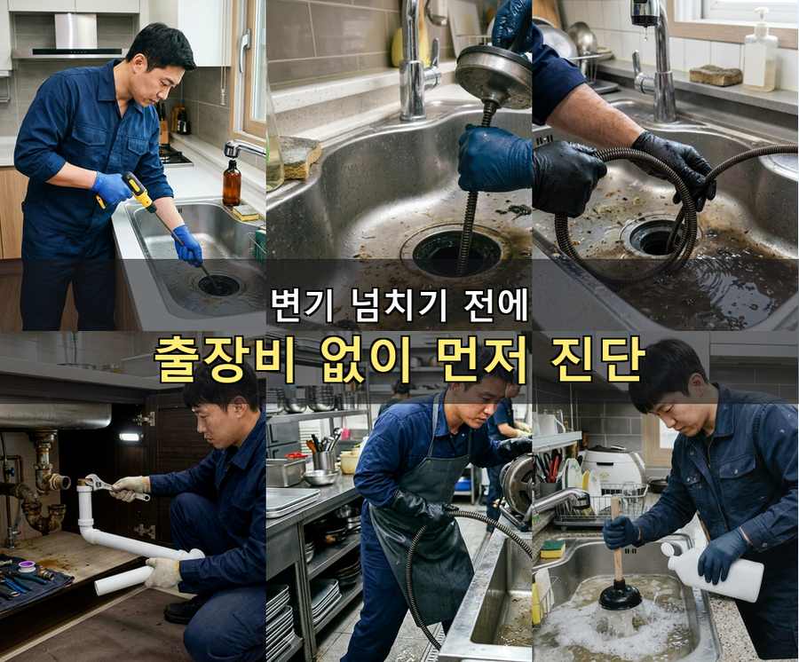 광진구군 자동 싱크대막힘 고압세척·관통 작업 모습