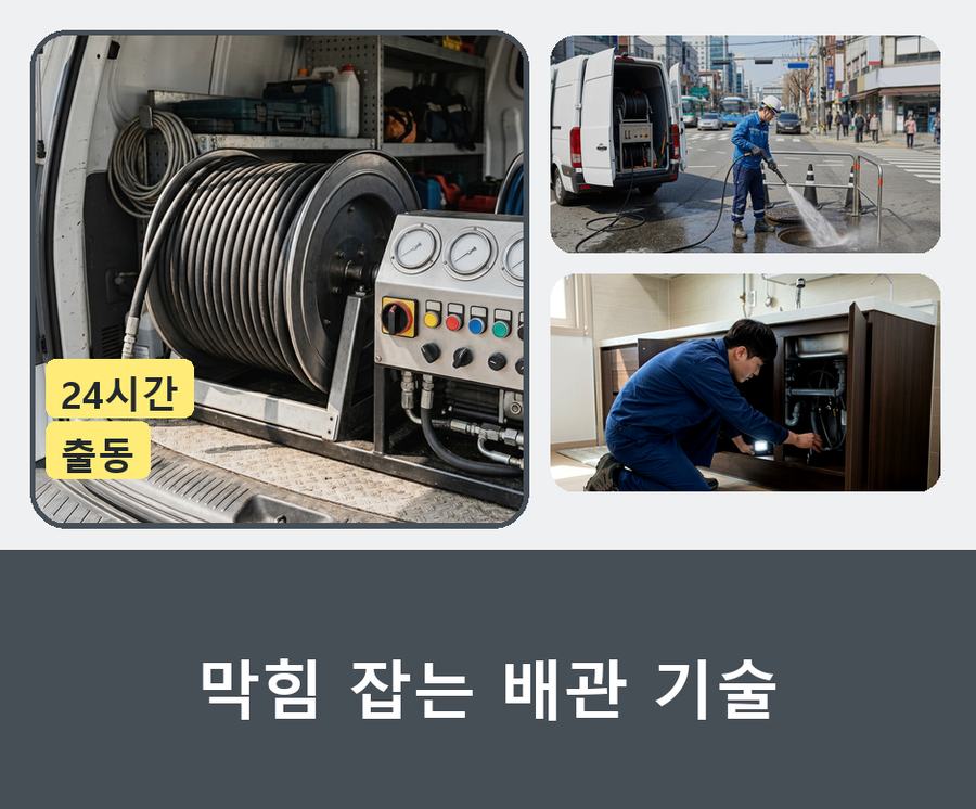 광진구군 자동 배수구막힘 고압세척·관통 작업 모습