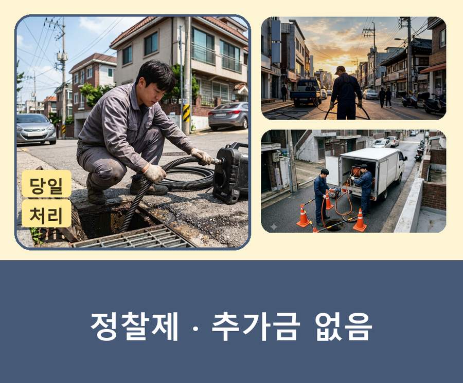 광진구군 자동 하수구 역류 야간 출동 현장 작업 사진 - 배관해결사