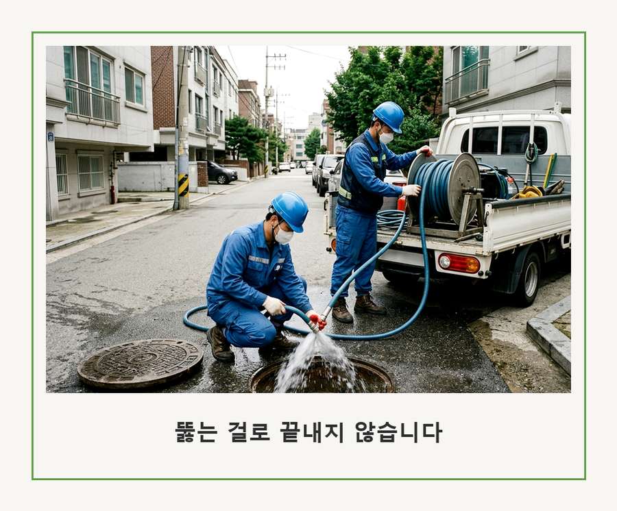 서울 금천구 독산동 하수구막힘 고압세척·관통 작업 모습